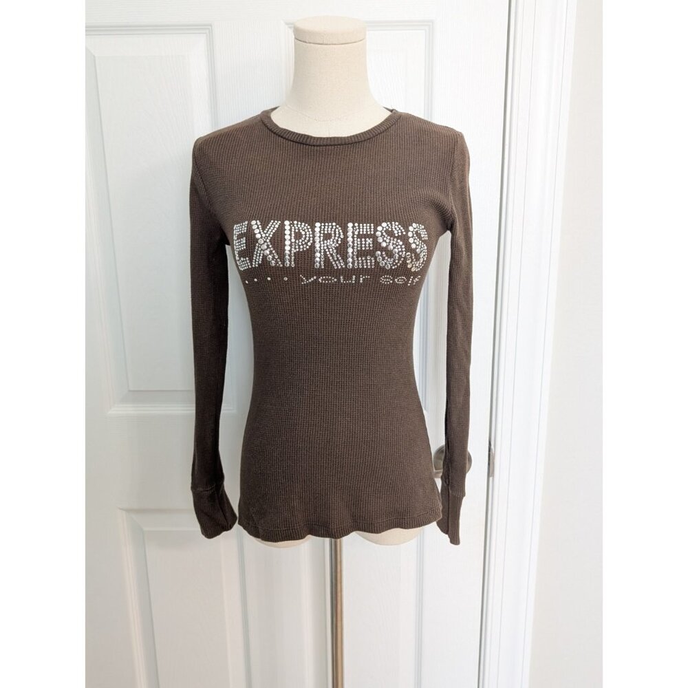 Vtg Ocasion Y2K Studded Express Yourself Henley Brown Long Sleeve Sz M